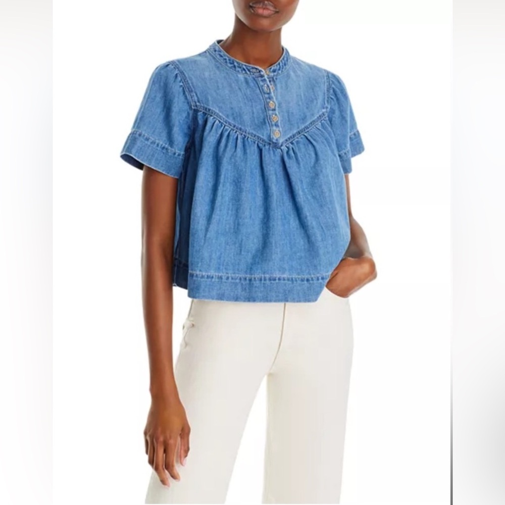 MOTHER Denim The Giggler Top Salt/Lime Blue Jean Button Babydoll S $255 - Picture 16 of 16